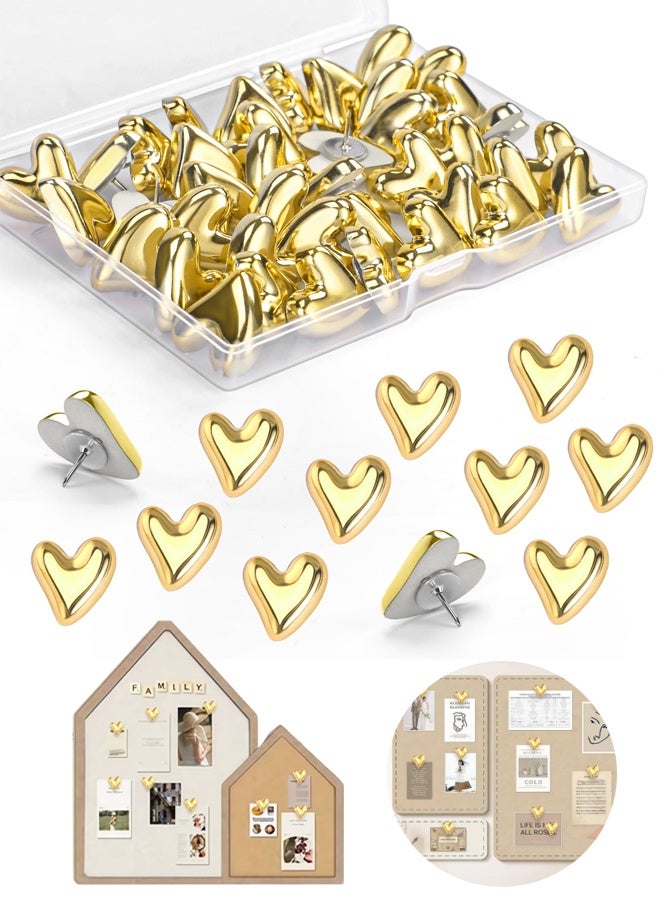 30 Pieces Cute Heart Push Pins, Gold Thumb Tacks, Decorative Gold Push Pins for Bulletin Board, Cork Board, Wall, Office or Home - Image 1