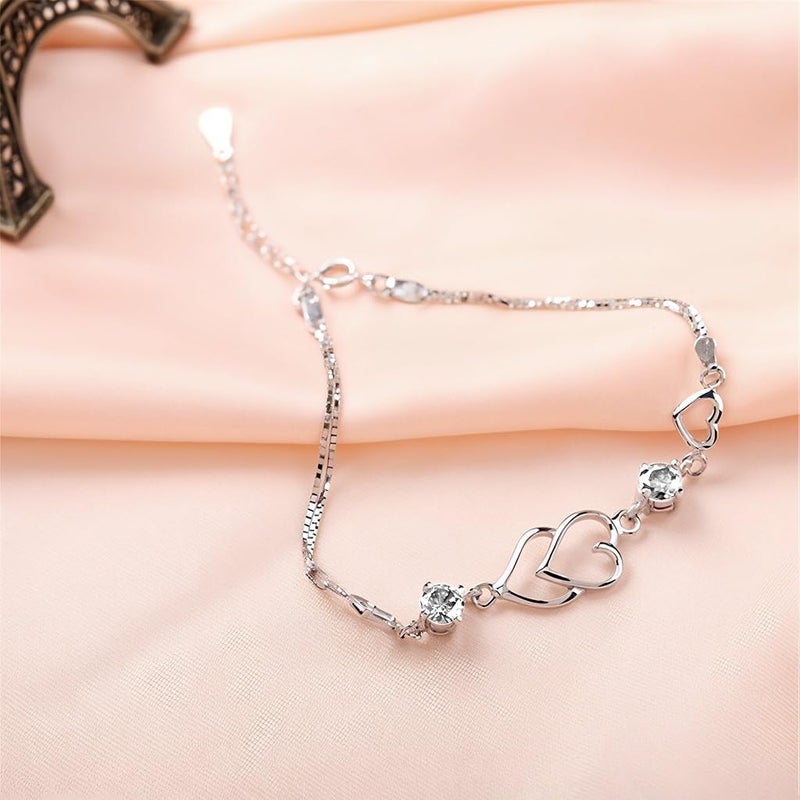 HANNEA® Chic Bangle for for Girls Women Heart Link Bracelet Sparkling Rhinestone Embellishment Metal Silver Bracelet Women Jewelry Gift - Image 2