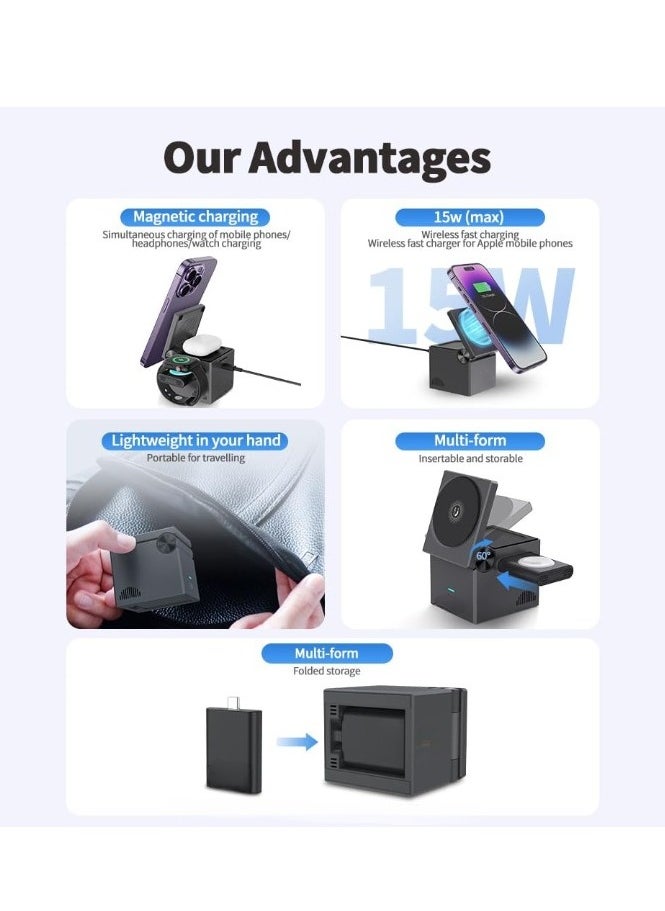 Foldable Wireless Charging Stand 3-in-1 MagSafe Compatible Cube, 15W Foldable Wireless Charging Station, Compatible with Wireless Charging Devices, Apple Watch Series 1-8/Ultra, AirPods Pro, Magnetic Wireless Charger