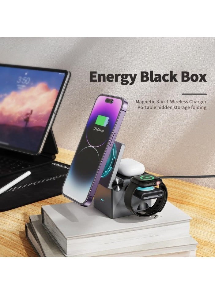 Foldable Wireless Charging Stand 3-in-1 MagSafe Compatible Cube, 15W Foldable Wireless Charging Station, Compatible with Wireless Charging Devices, Apple Watch Series 1-8/Ultra, AirPods Pro, Magnetic Wireless Charger