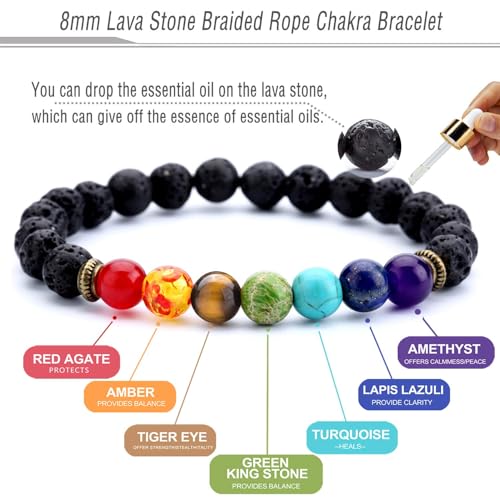Hamoery Men Women 8mm Lava Rock 7 Chakra Beads Chakra Bracelet Braided Rope Natural Stone Yoga Bracelet Bangle - Image 2