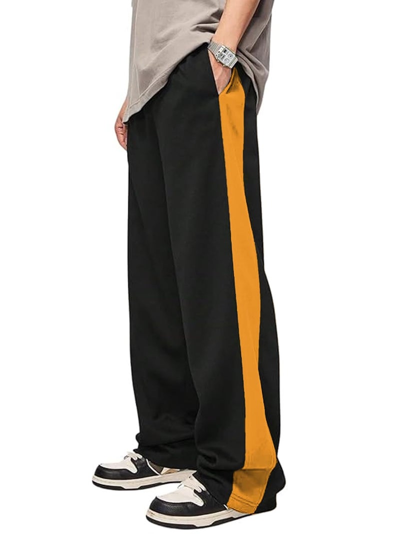 LEOTUDE Men Straight Textured Stylish Mid Rise Loose Fit Track Pants for Man (TRK210_Black_Mustard_P_Black_2XL) - Image 5