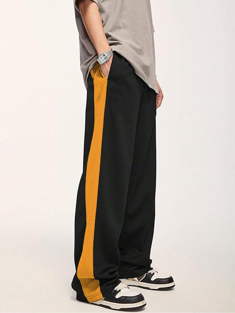 LEOTUDE Men Straight Textured Stylish Mid Rise Loose Fit Track Pants for Man (TRK210_Black_Mustard_P_Black_2XL) - Image 3