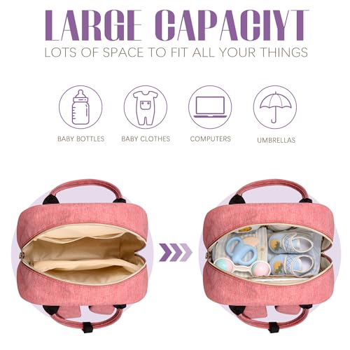 Tuwubi Diaper Bag Backpack Baby Essentials Travel Tote Bag Multi function Waterproof Backpacks Travel Essentials with Stroller Straps Pacifier Case Pink - Image 3