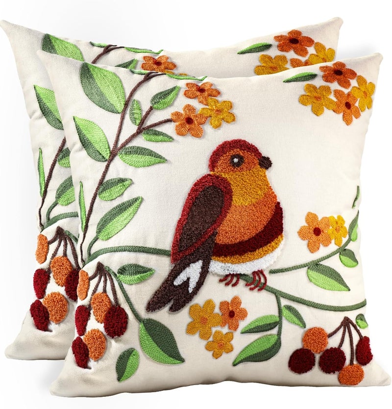 Kokaaee Embroidered Throw Pillow Covers 18x18 Inch - Set of 2 Summer Decorative Pillow Covers with Zipper Aesthetic Cute Design Throw Pillowcases for Couch Sofa Bed, Tree Bird - Image 1