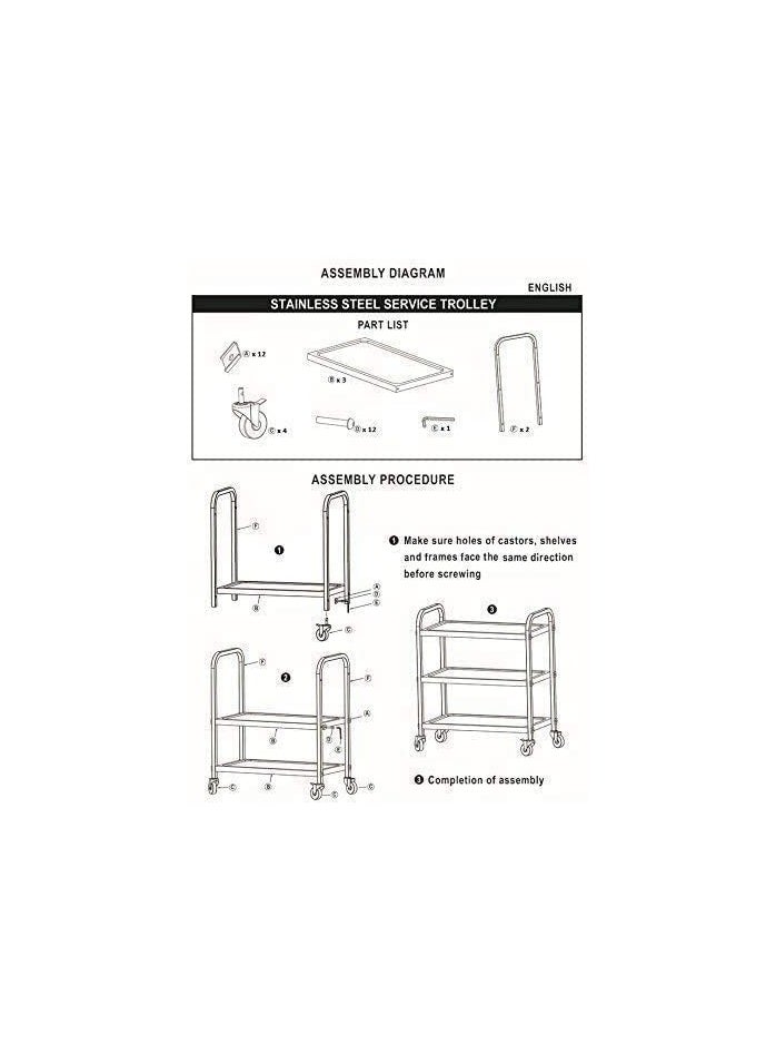 VINSTAR - Stainless Steel Utility Cart, 3 Layers Large (95 x 50 x 95 cm) Commercial Heavy Duty Serving Trolley, Kitchen Service Trolley with 360°Rotation Wheels for for Hotel Restaurant Home - Image 1