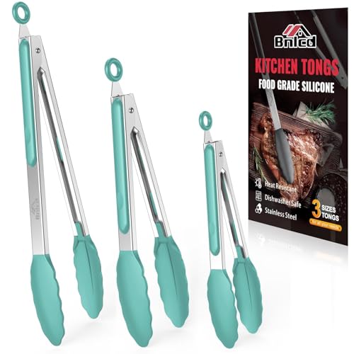 Bnlcd 600ºF Heat Resistant Kitchen Tongs, Premium Locking Cooking Tongs with Silicone Tips, Non-Slip Food Tongs for Cooking, Non-Stick, Heavy Duty Stainless Steel Handle, Set of 3-7" 9" and 12" Aqua Sky - Image 1