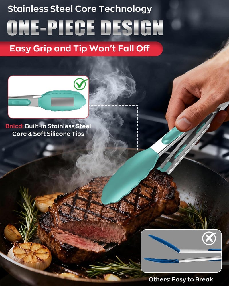 Bnlcd 600ºF Heat Resistant Kitchen Tongs, Premium Locking Cooking Tongs with Silicone Tips, Non-Slip Food Tongs for Cooking, Non-Stick, Heavy Duty Stainless Steel Handle, Set of 3-7" 9" and 12" Aqua Sky - Image 5
