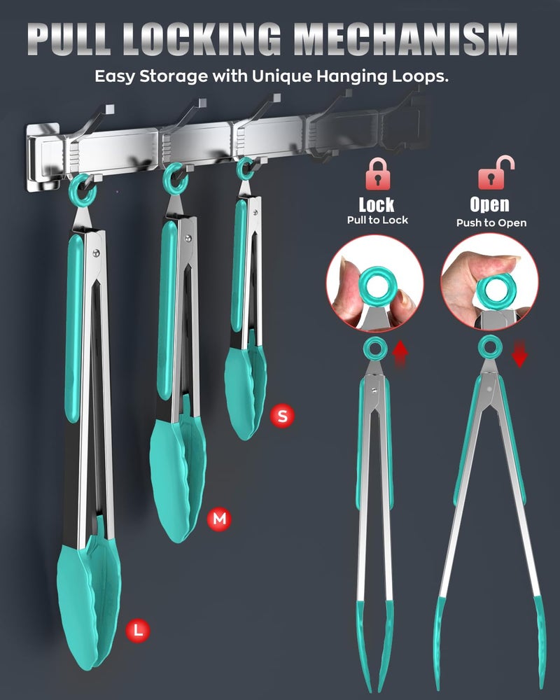 Bnlcd 600ºF Heat Resistant Kitchen Tongs, Premium Locking Cooking Tongs with Silicone Tips, Non-Slip Food Tongs for Cooking, Non-Stick, Heavy Duty Stainless Steel Handle, Set of 3-7" 9" and 12" Aqua Sky - Image 4