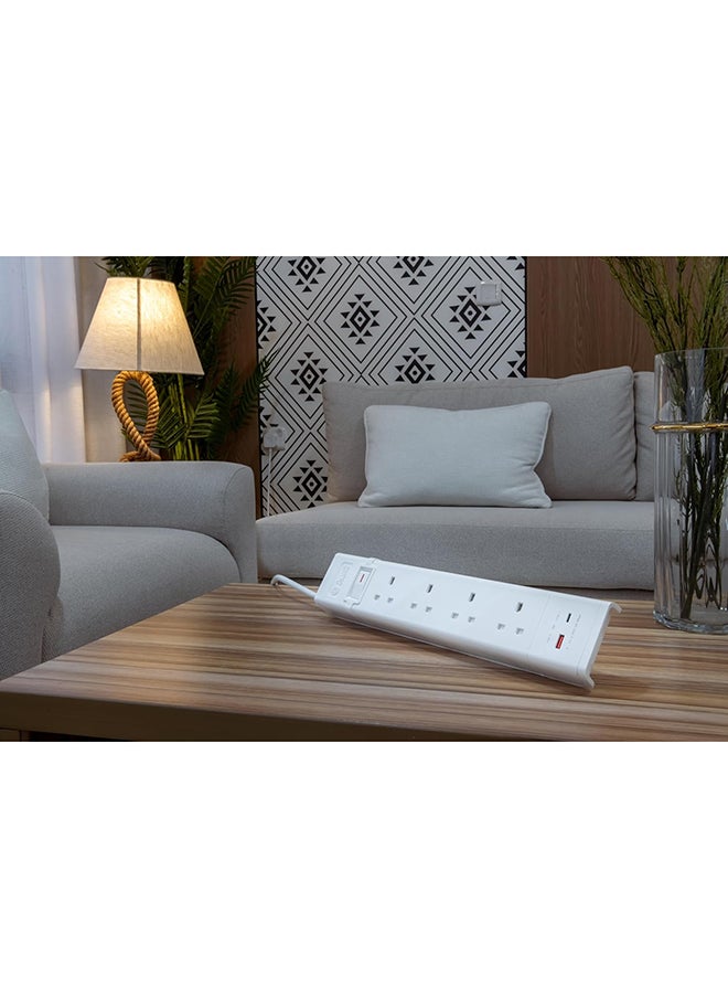 alfanar - Power Extension 4 Sockets, 2 Fast Charge USB Ports (Type "A" 18W And Type "C" 20W), 5 Meters Cables, 13A With Overload Protection Button - Image 1
