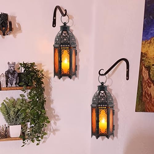 DECORKEY Moroccan Lanterns Decorative Indoor & Outdoor, 11’’ Medium Size Vintage Metal Hanging&Tabletop Candle Holder Decor, Halloween Christmas Ramadan Decorations for Home Porch Patio (Amber) - Image 3