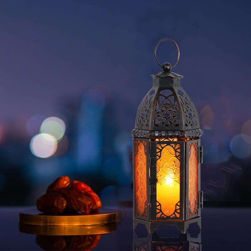 DECORKEY Moroccan Lanterns Decorative Indoor & Outdoor, 11’’ Medium Size Vintage Metal Hanging&Tabletop Candle Holder Decor, Halloween Christmas Ramadan Decorations for Home Porch Patio (Amber) - Image 2
