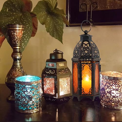 DECORKEY Moroccan Lanterns Decorative Indoor & Outdoor, 11’’ Medium Size Vintage Metal Hanging&Tabletop Candle Holder Decor, Halloween Christmas Ramadan Decorations for Home Porch Patio (Amber) - Image 4