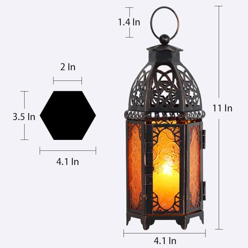 DECORKEY Moroccan Lanterns Decorative Indoor & Outdoor, 11’’ Medium Size Vintage Metal Hanging&Tabletop Candle Holder Decor, Halloween Christmas Ramadan Decorations for Home Porch Patio (Amber) - Image 5