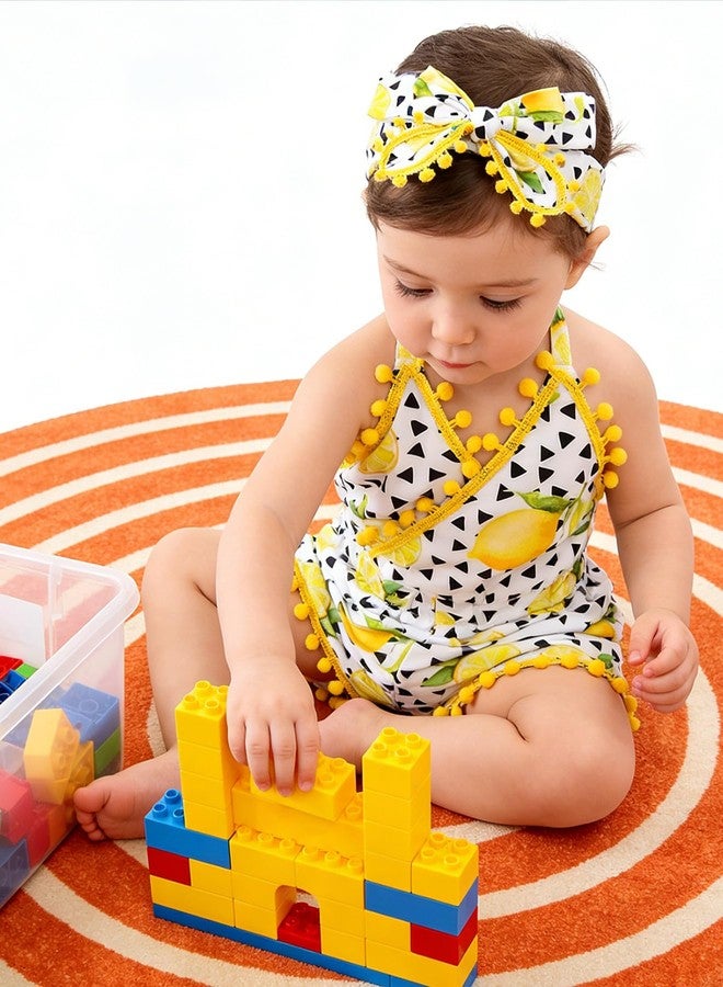 UNICOMIDEA 12-18 Baby Girls Boys Backless Romper Outfit Set Yellow Lemon Printed Jumpsuit Spring Summer Playsuit with Headbend Summer Clothes for Babys Gift - Image 3