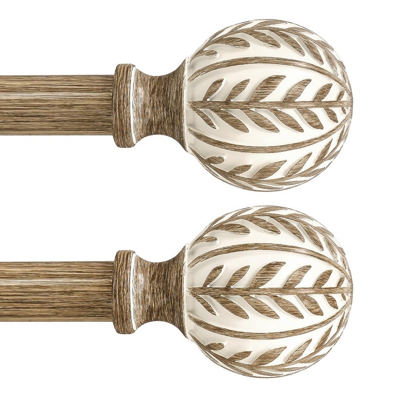 QDWIS 2 Pack Boho Wood Curtain Rods for Windows 28 to 48 inch,1" Adjustable Heavy Duty Window Curtain Rod with Imitation Wood Grain Finials,Rustic Decorative Drapery Rods Set 18-60'',Weathered Wood - Image 1