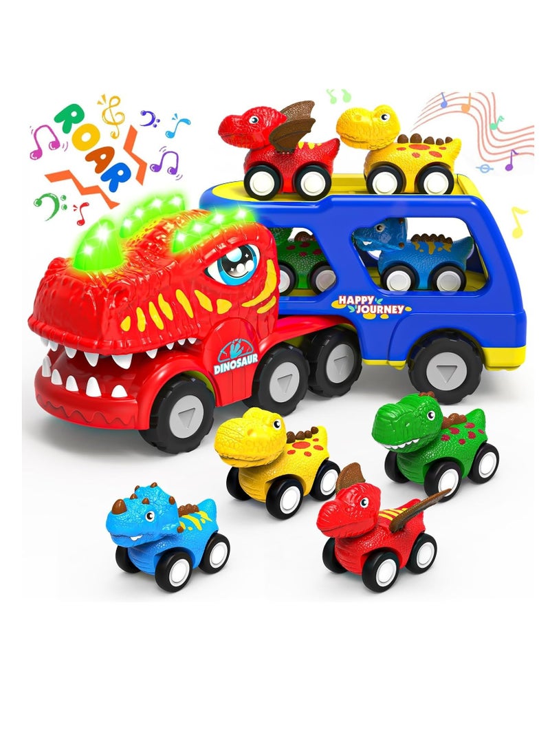 Excefore Toddler Car Toys for 1 2 3 4 Year Old Boy Kids Toys, 5-in-1 Dinosaur Transport Carrier Trucks Toys for Boys 1-3 with Sounds & Lights, Toddler Toys for Boys 1-2 2-4 Dinosaur Toys - Image 1