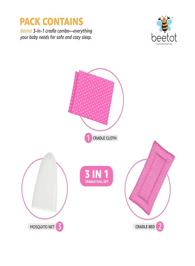 beetot Baby Cradle Set Swing/Jhula (Thottil Cloth, Palna, Dolna) | Hanging Cradle Cloth with Removable Bed and Mosquito Net | Up to 15 kg | CRA-Dark Pink Dot - Image 2