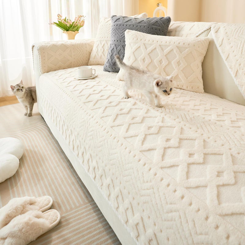 vctops Boho Jacquard Plush Sofa Cover Fluffy Fuzzy Couch Cover for Dogs Soft Cozy Non Slip Sectional Sofa Slipcover Washable Furniture Protector for Kids, Pets (Cream,28"x28") - Image 1