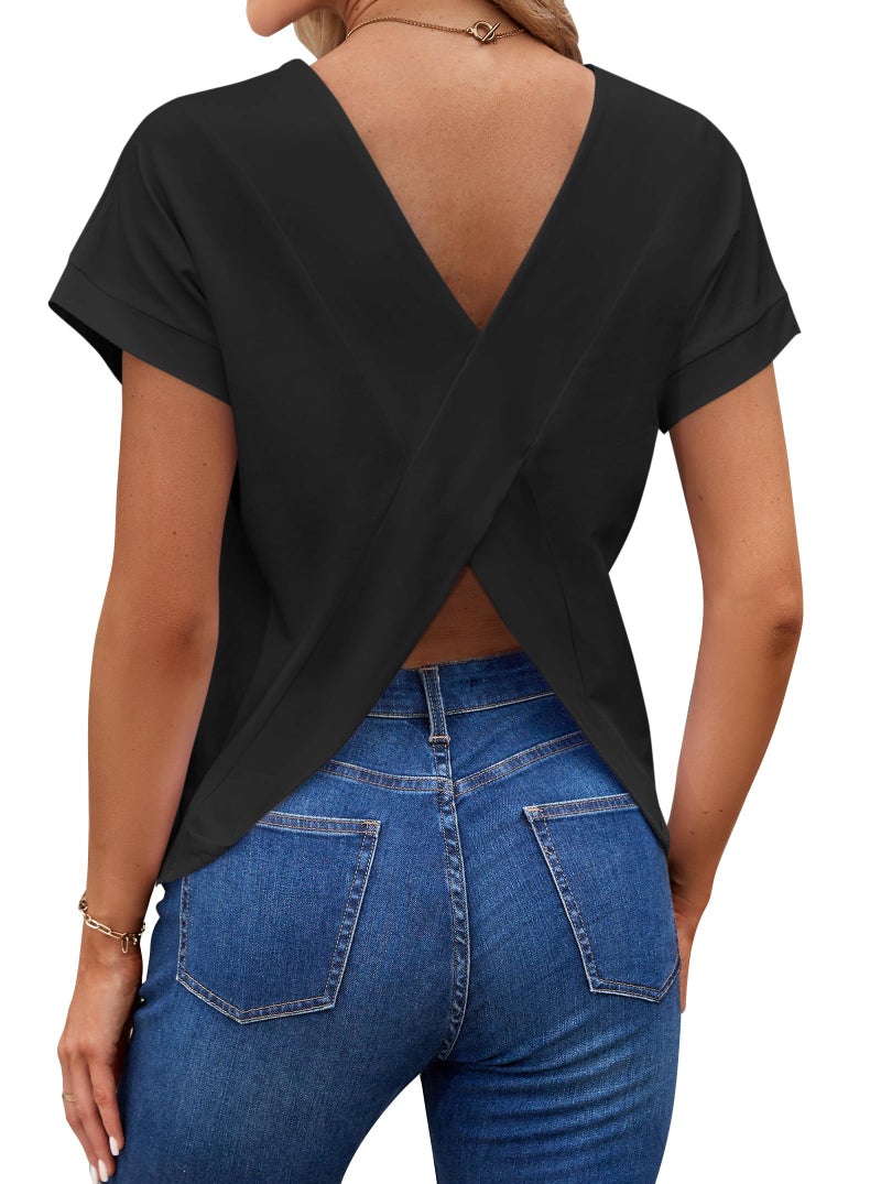 LilyCoco Women's Short Batwing Sleeve Shirt Criss Cross Back Tops Casual Loose Plain Tee Black Small - Image 1