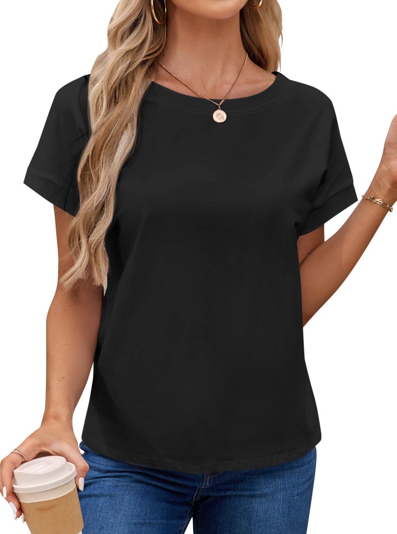 LilyCoco Women's Short Batwing Sleeve Shirt Criss Cross Back Tops Casual Loose Plain Tee Black Small - Image 2