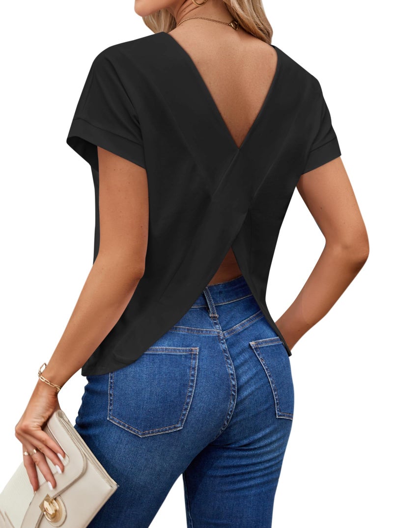 LilyCoco Women's Short Batwing Sleeve Shirt Criss Cross Back Tops Casual Loose Plain Tee Black Small - Image 5