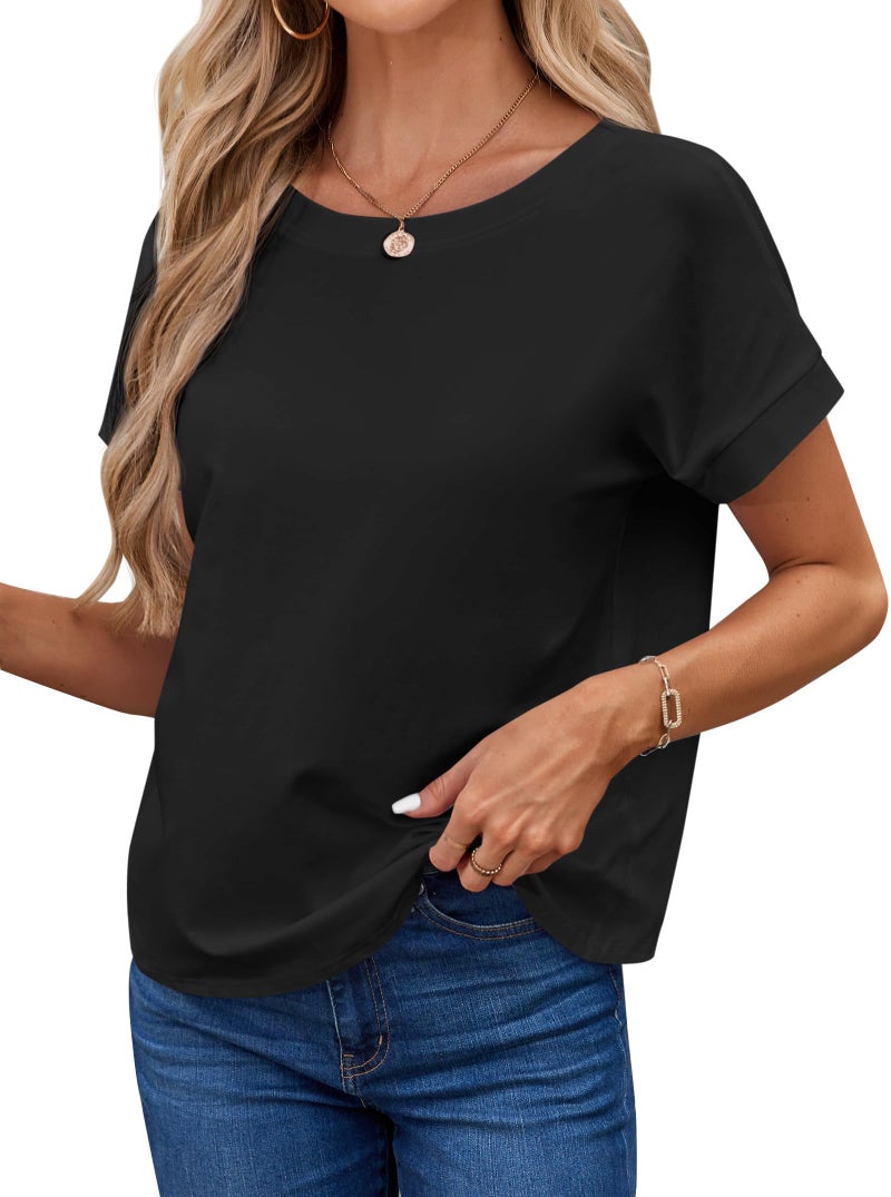 LilyCoco Women's Short Batwing Sleeve Shirt Criss Cross Back Tops Casual Loose Plain Tee Black Small - Image 3