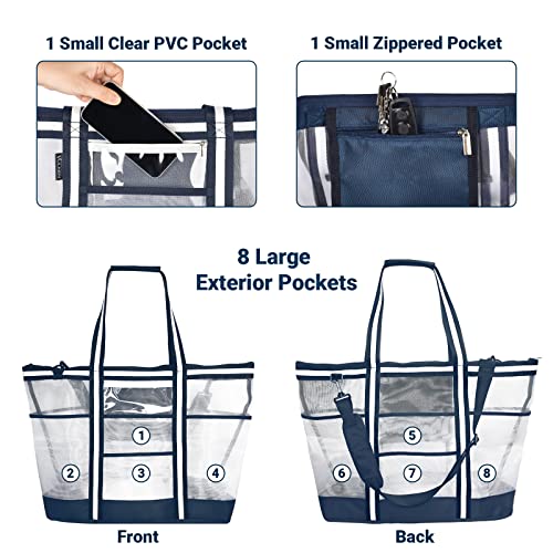 Vulken 42L Extra Large Mesh Beach Bag for Women and Men, Navy White Beach Bags and Totes with Zipper 9 Pockets for Travel, Swimming Gym, and Shopping - Image 3
