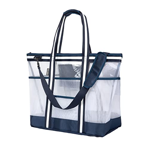 Vulken 42L Extra Large Mesh Beach Bag for Women and Men, Navy White Beach Bags and Totes with Zipper 9 Pockets for Travel, Swimming Gym, and Shopping - Image 1