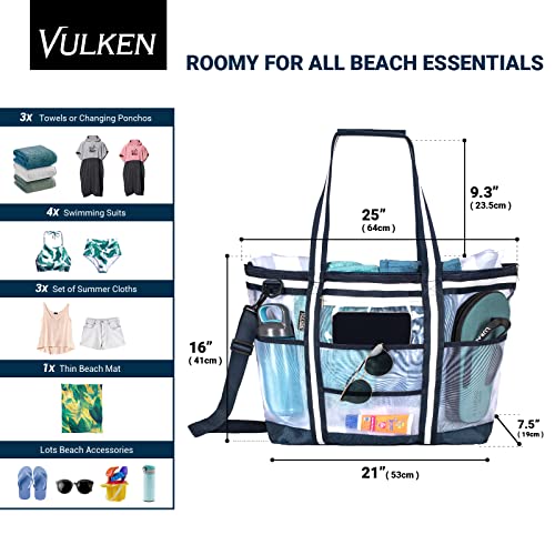 Vulken 42L Extra Large Mesh Beach Bag for Women and Men, Navy White Beach Bags and Totes with Zipper 9 Pockets for Travel, Swimming Gym, and Shopping - Image 2