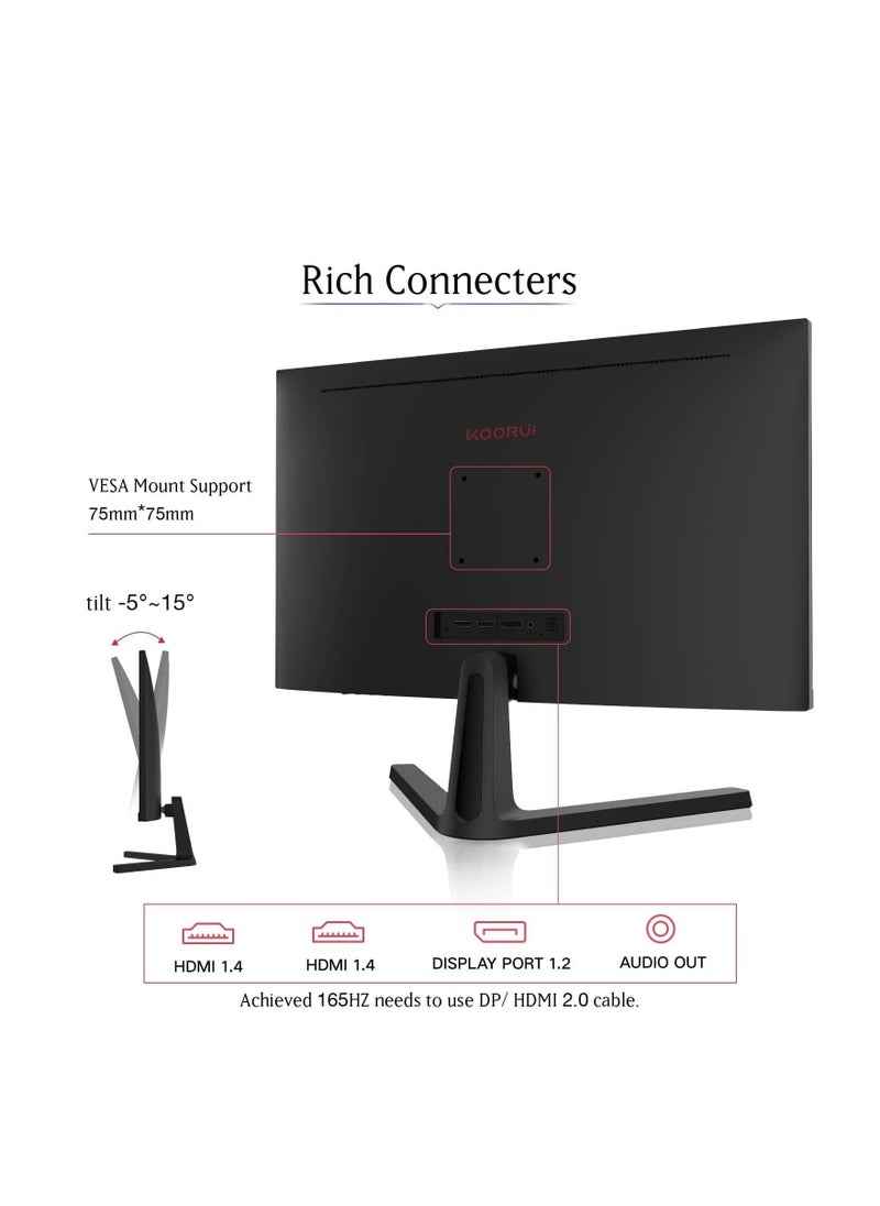 KOORUI - Koorui 24E4 Gaming Monitor, 24" FHD VA Display, 165Hz Refresh Rate, 16 9 Aspect Ratio, 1ms (MPRT) Response Time, AdaptiveSync technology, 85% DCI-P3 Color Gamut, VESA Compatible, Black | 24E4 - Image 1