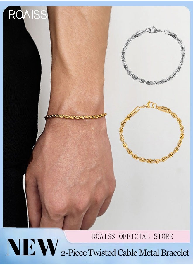 roaiss 2-Piece Unisex Bracelet Set Stainless Steel Twisted Style Gold And Silver Bracelets For Couples  - Image 1