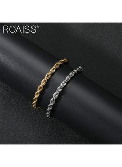 roaiss 2-Piece Unisex Bracelet Set Stainless Steel Twisted Style Gold And Silver Bracelets For Couples  - Image 2