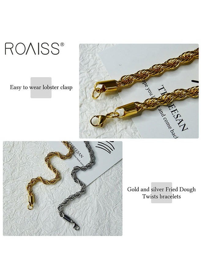 roaiss 2-Piece Unisex Bracelet Set Stainless Steel Twisted Style Gold And Silver Bracelets For Couples  - Image 3
