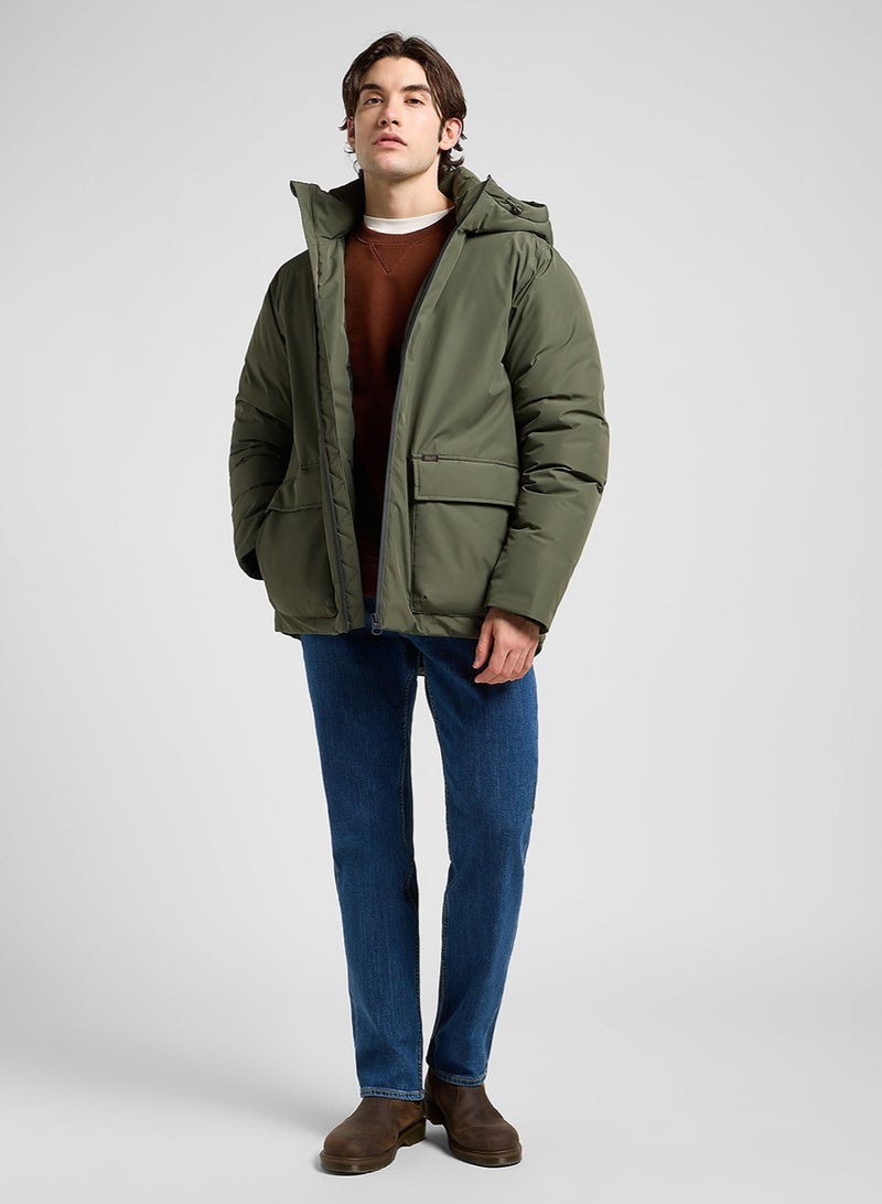 Lee Men’s Hooded Short Puffer Jacket Olive Gray | Regular Fit, Warm Padded Winter Jacket with Hood | Water-Resistant Outerwear for Everyday Wear - Image 3