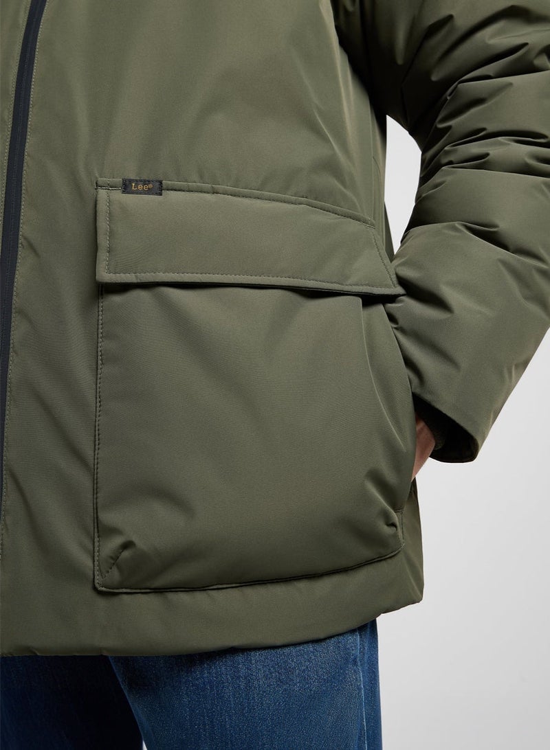 Lee Men’s Hooded Short Puffer Jacket Olive Gray | Regular Fit, Warm Padded Winter Jacket with Hood | Water-Resistant Outerwear for Everyday Wear - Image 2