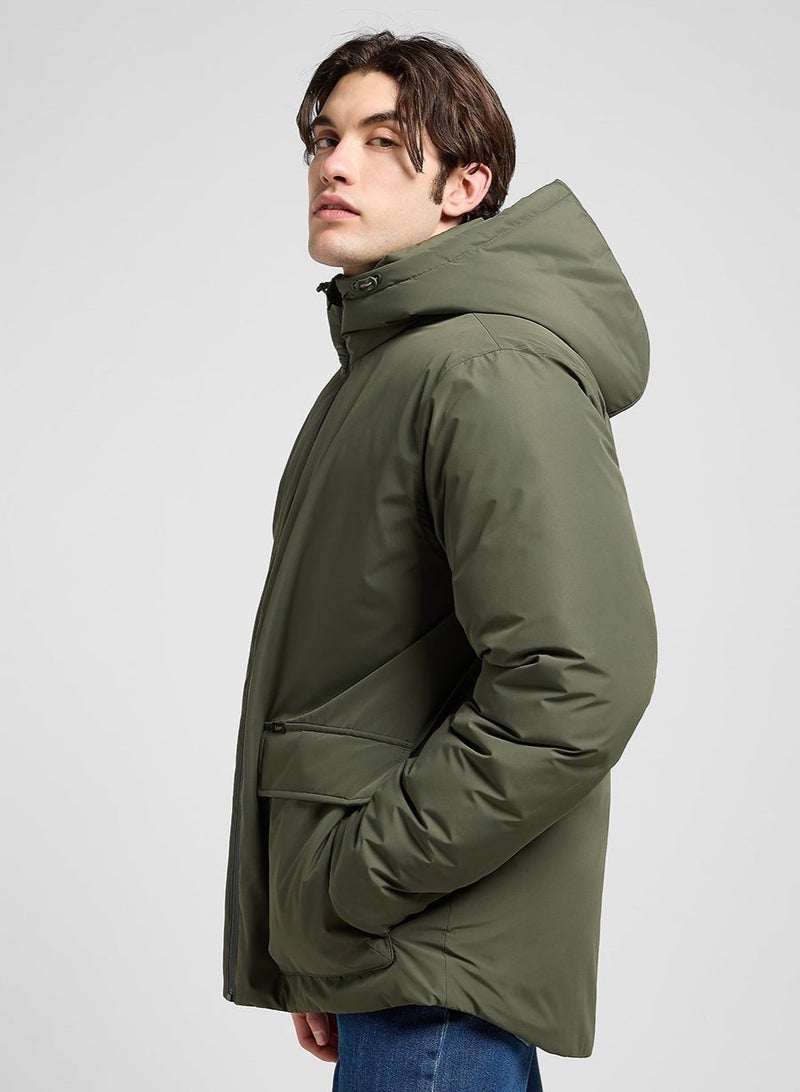 Lee Men’s Hooded Short Puffer Jacket Olive Gray | Regular Fit, Warm Padded Winter Jacket with Hood | Water-Resistant Outerwear for Everyday Wear - Image 1