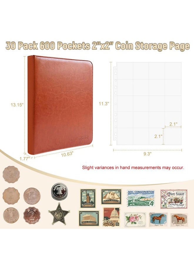 BYSTER Coin Collection Book, 30 Pack 600 Pockets Coin Sleeves, Coin Collection Holder Album, Coin Collection Organizer Storage Box Case (Coin Flips Not Included), Reddish Brown - Image 2