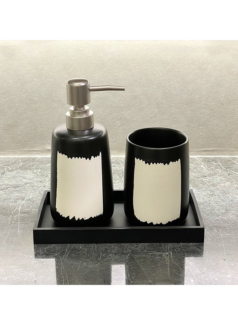 FUKE 3Pcs Bathroom Accessories Set Ceramic - Soap Dispenser,Mouthwash Cups and Tray Modern Countertop Sink Decor(Black) - Image 1