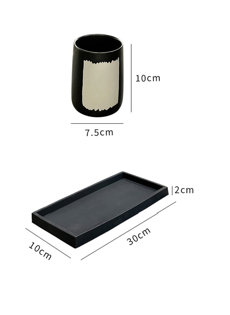 FUKE 3Pcs Bathroom Accessories Set Ceramic - Soap Dispenser,Mouthwash Cups and Tray Modern Countertop Sink Decor(Black) - Image 3