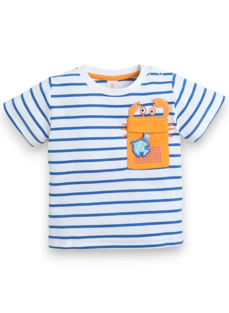 victor and jane Boys Infant 2PC Set, Stripes T-Shirt with Cute Tiger Pocket And Blue Shorts