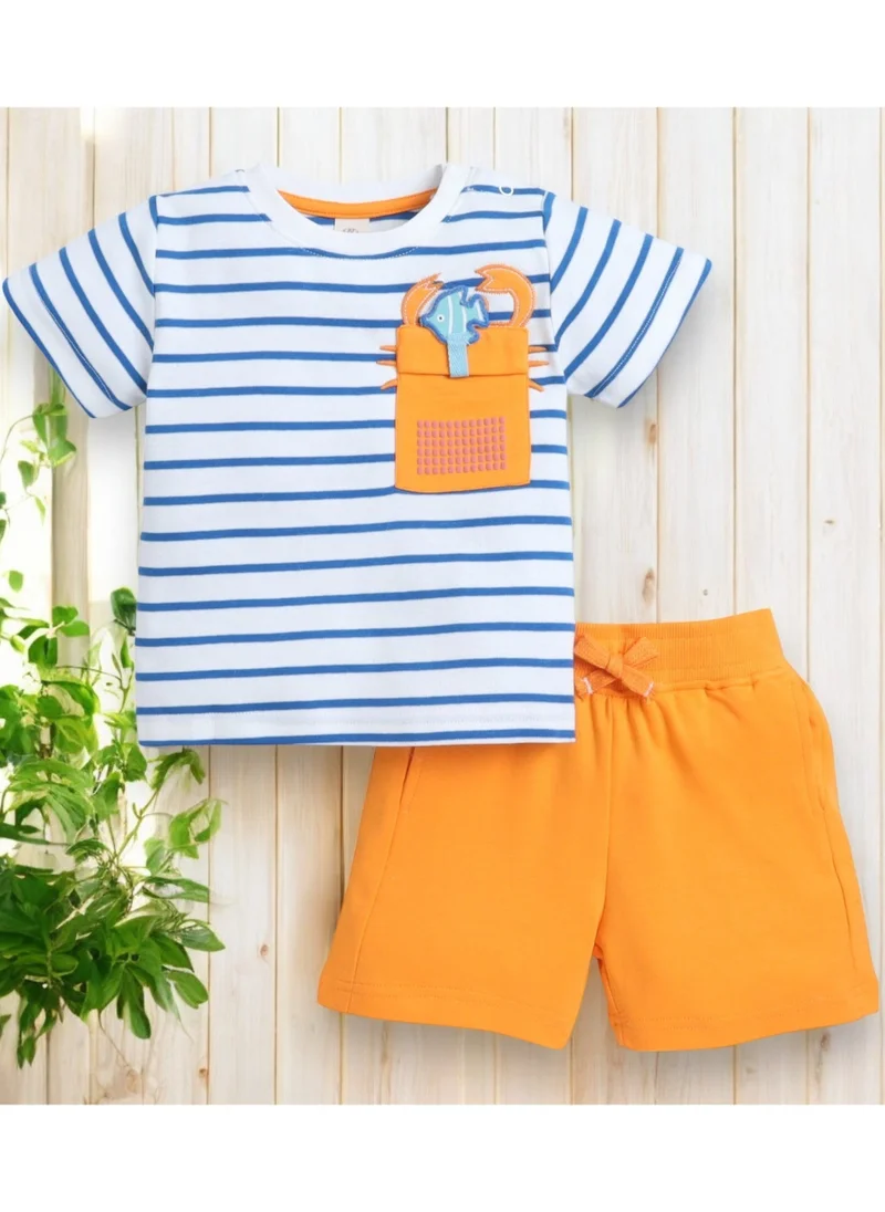 victor and jane Boys Infant 2PC Set, Stripes T-Shirt with Cute Tiger Pocket And Blue Shorts