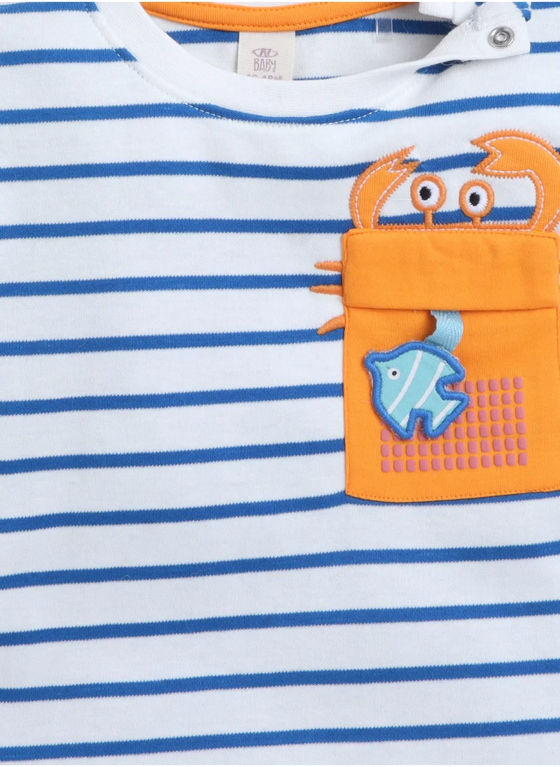 victor and jane Boys Infant 2PC Set, Stripes T-Shirt with Cute Tiger Pocket And Blue Shorts