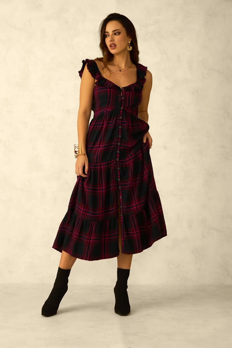 Virgio Ruffled Plaid Midi Dress