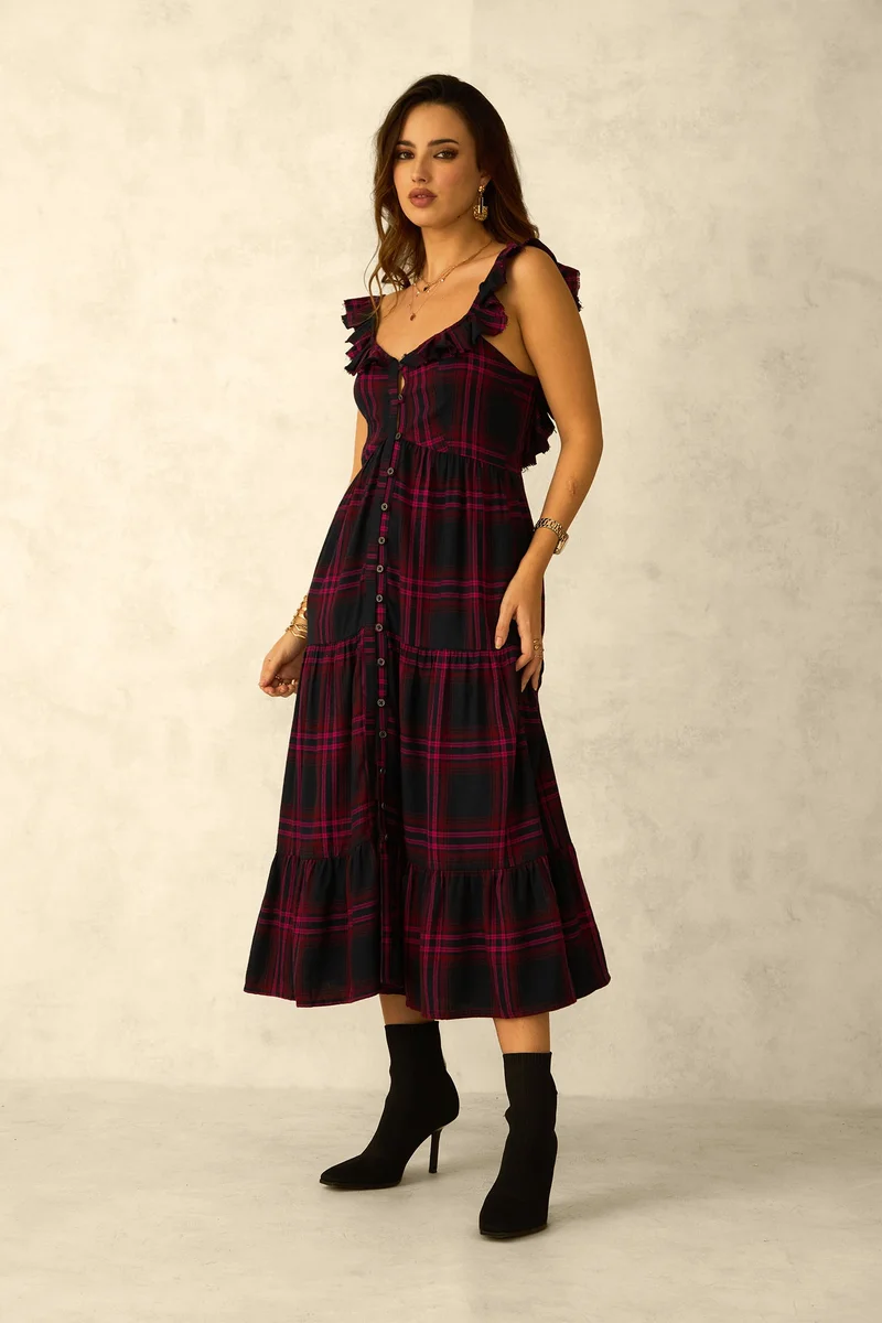 Virgio Ruffled Plaid Midi Dress