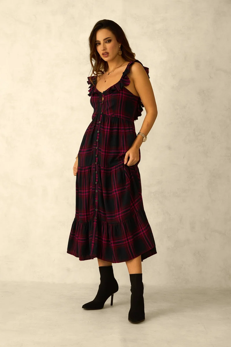 Virgio Ruffled Plaid Midi Dress