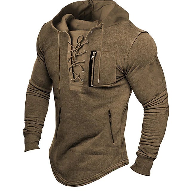 Generic 2024 Mens Spring and Autumn Hoodie Solid Color Lace-up Zipper Pocket Sports Streetwear Bronzing Sweatshirt Brown