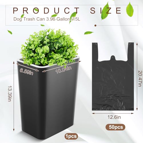 Jingmore Dog Poop Trash Can Outside 396 Gal15 L Plant Styled Dog Waste Trash Can with Lid 50 Waste Bags Outdoor Indoor Poop Container Slim Garbage Bin for Yard Garden Pet Black - Image 3