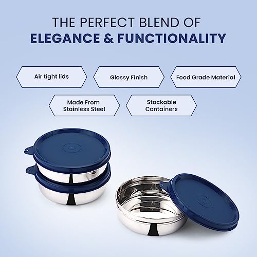 SOPL-OLIVEWARE Magic Storage Container, 100% Leak Proof & BPA Free Lid, Dishwasher Safe, 3 Stainless Steel Containers with 300 ml Each - Blue - Image 2