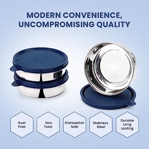 SOPL-OLIVEWARE Magic Storage Container, 100% Leak Proof & BPA Free Lid, Dishwasher Safe, 3 Stainless Steel Containers with 300 ml Each - Blue - Image 4